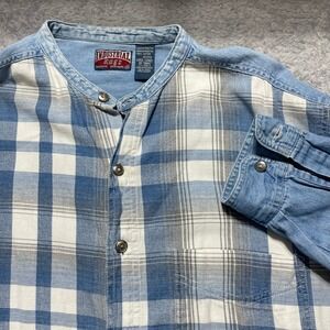 Y2K Industrial Rags Mens Large Plaid Denim Mixed Media Grandad Collar Button Up